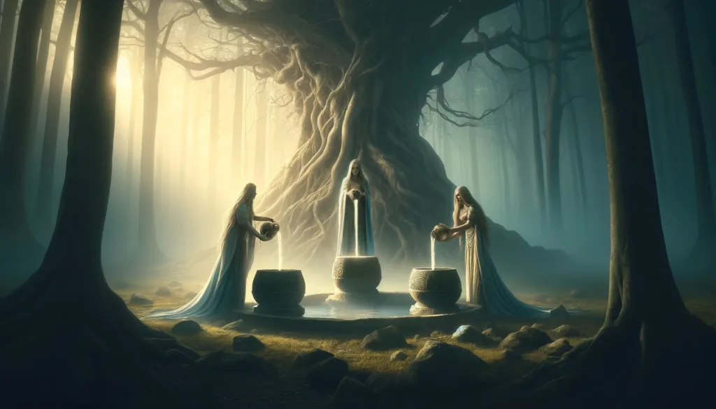 Au pied de Yggdrasil, les trois puits sacrés sont gardés par les Nornes, les déesses du destin. Ces puits symbolisent le passé, le présent et le futur, et les Nornes y tissent le destin des mortels. Chaque jour, elles nourrissent les racines de Yggdrasil avec l'eau sacrée, assurant la santé de l'arbre et par extension, celle de l'univers.