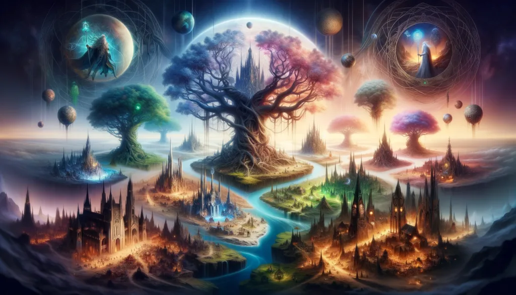 Les neuf mondes d'Yggdrasil incluent Asgard, le royaume des dieux ; Midgard, le monde des hommes ; et les royaumes des géants, des elfes et des nains. Chaque monde a sa propre mythologie, peuplé de créatures et d'habitants uniques, mais tous reliés par Yggdrasil, symbolisant l'unité et l'interdépendance universelles.